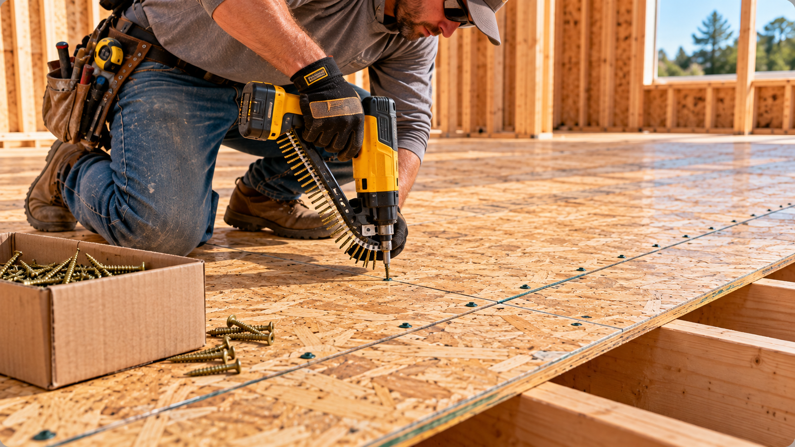 Carpenter using a power screw gun to fasten OSB subfloor panels, with visible screw rows, panel seams, and exposed wooden floor joists.